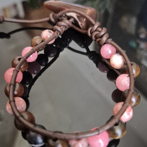 Jewelry - Handmade Leather Braclet With Mala Beads And NaturalQaurtz and Stones!